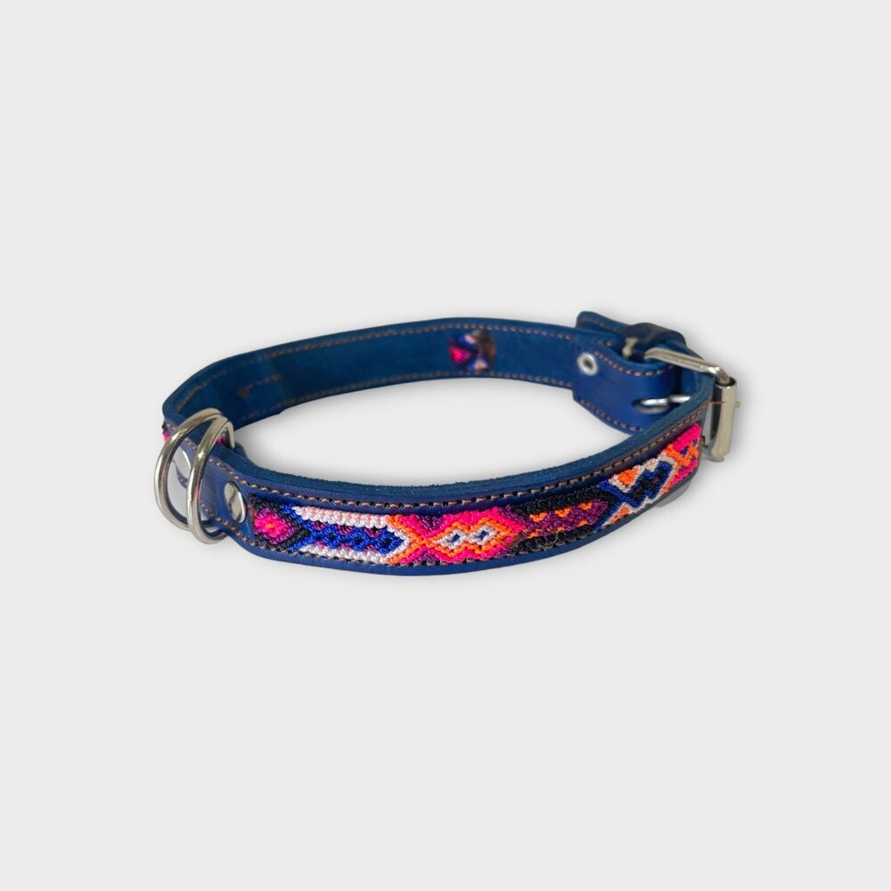 Blue Embroidered Dog Collar with Pink & Orange Accents